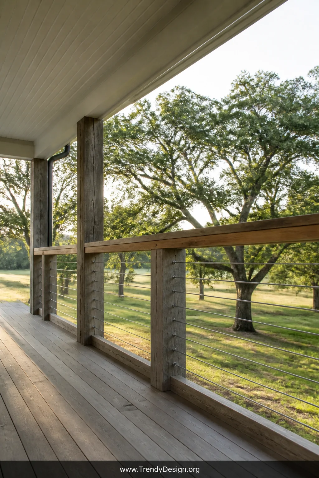Wide shot of a farmhouse porch with stainless steel cable wire railings stretched taut between thick weathered wooden posts w
