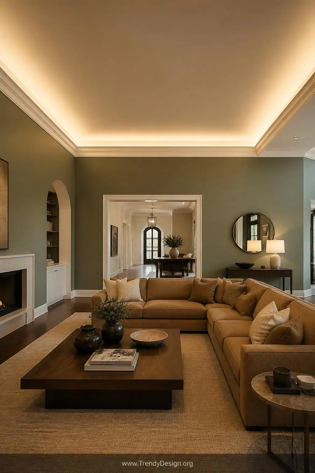 Wide shot of an expansive living room with high ceilings and crisp white crown molding, warm white rope lights tucked invisib