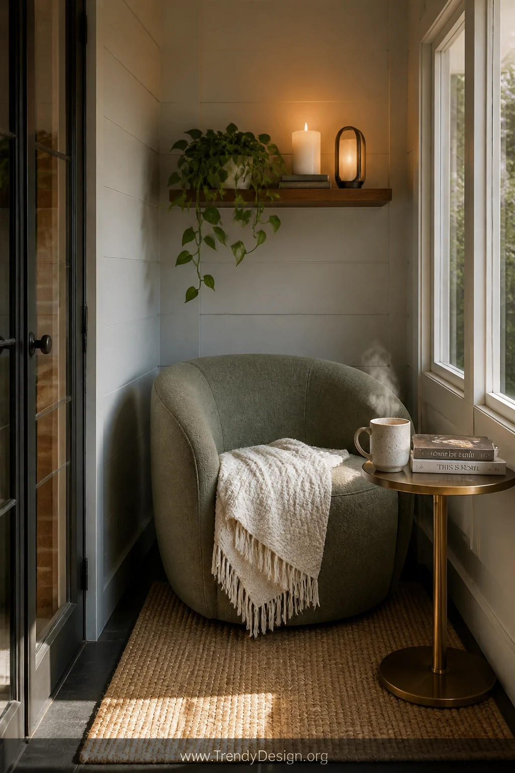 Medium photorealistic shot of an intimate enclosed porch reading nook featuring a curved sage green accent chair tucked into 