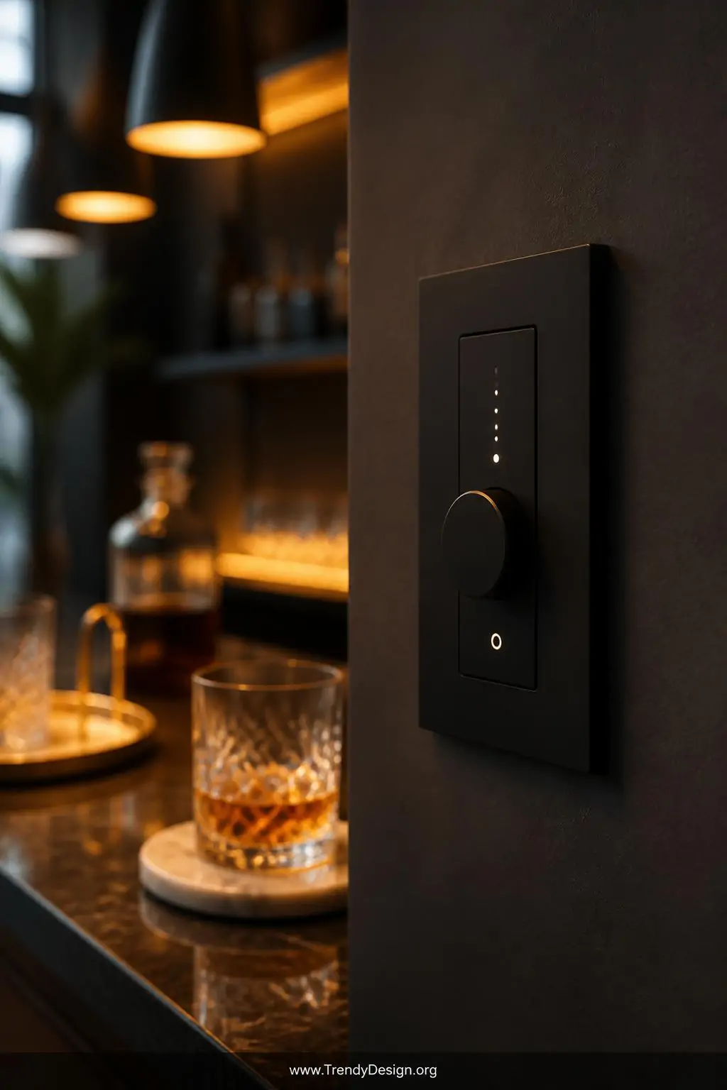 A closeup photorealistic shot of a sleek matte black smart dimmer switch mounted on a warm charcoal wall beside a home bar, s