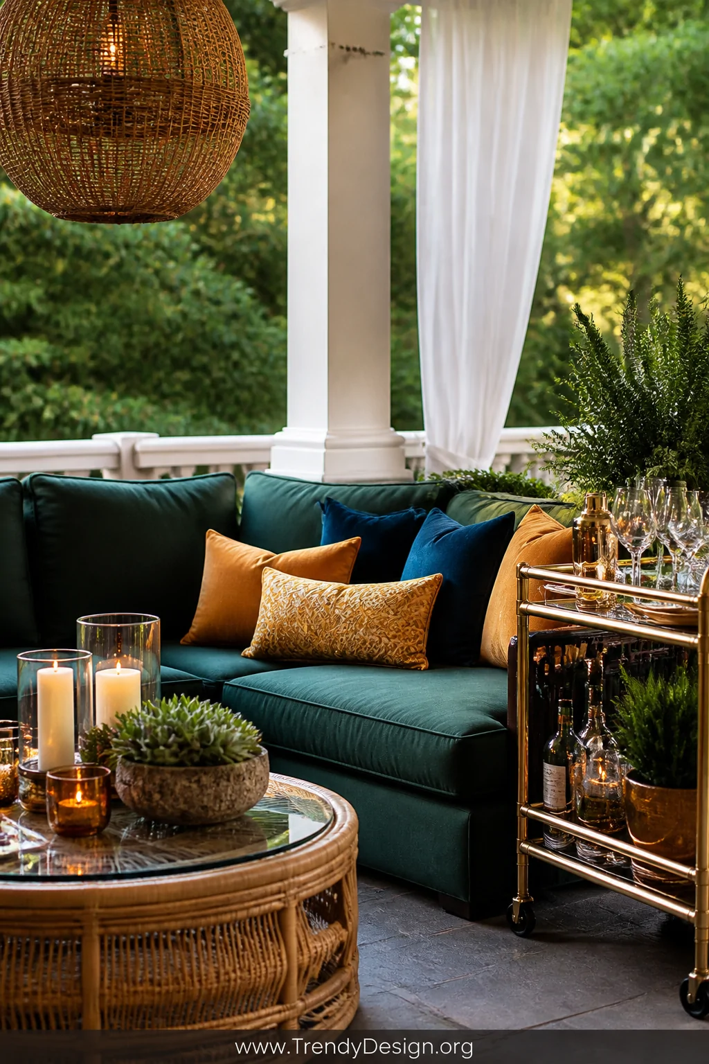 Closeup detail shot of a luxe outdoor living room porch vignette featuring a deep emerald green weatherproof linen sofa adorn