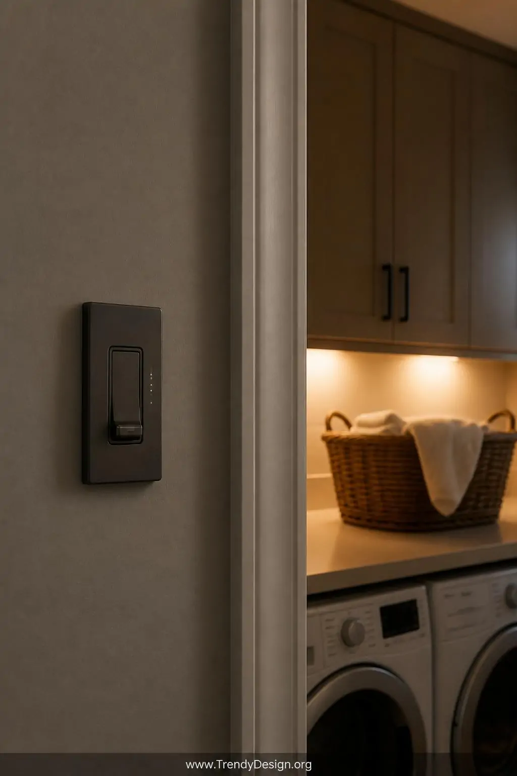 Close-up photorealistic interior shot of a sleek rocker-style dimmer switch mounted on a soft greige painted wall beside a la