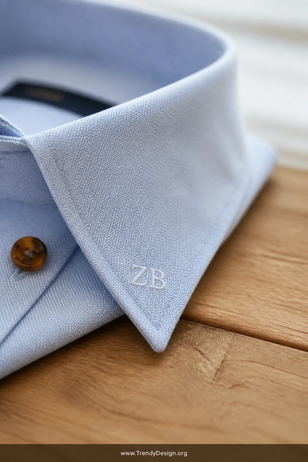 A macro close-up of a pale blue Oxford shirt collar tip resting against a light oak wooden surface, a tiny precise monogram e