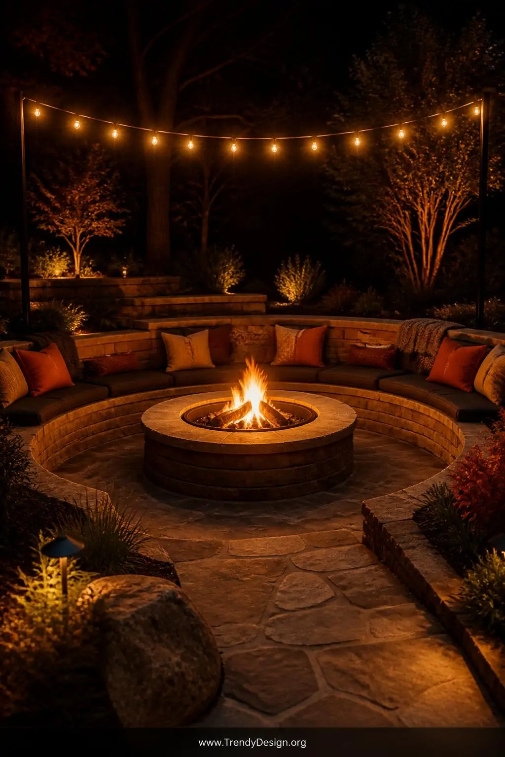 Medium photorealistic shot of a circular fire pit gathering area at night surrounded by curved stone bench seating with thick