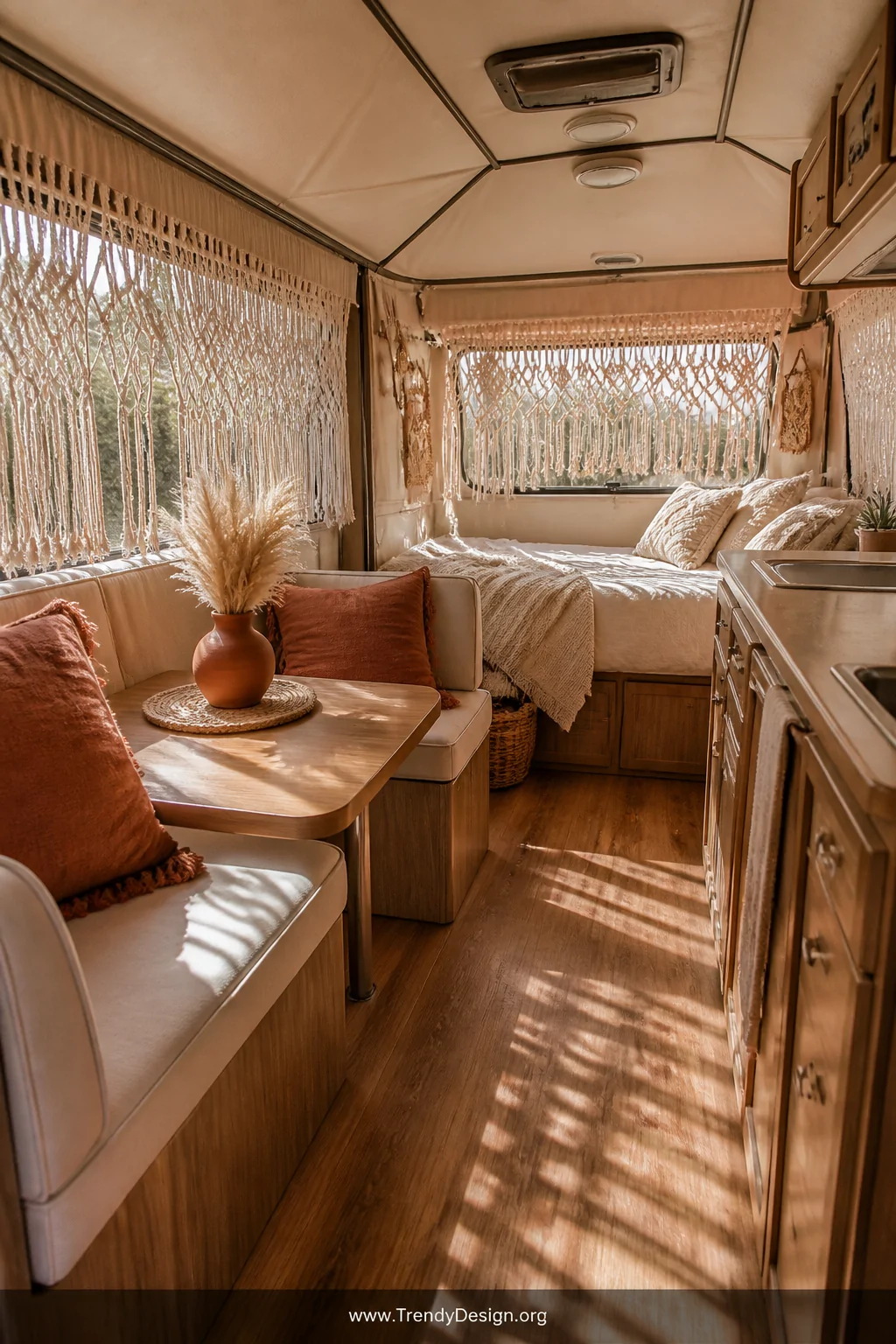 Wide interior shot of a boho-styled pop-up camper with natural cotton macramé curtain panels hanging across two side windows,