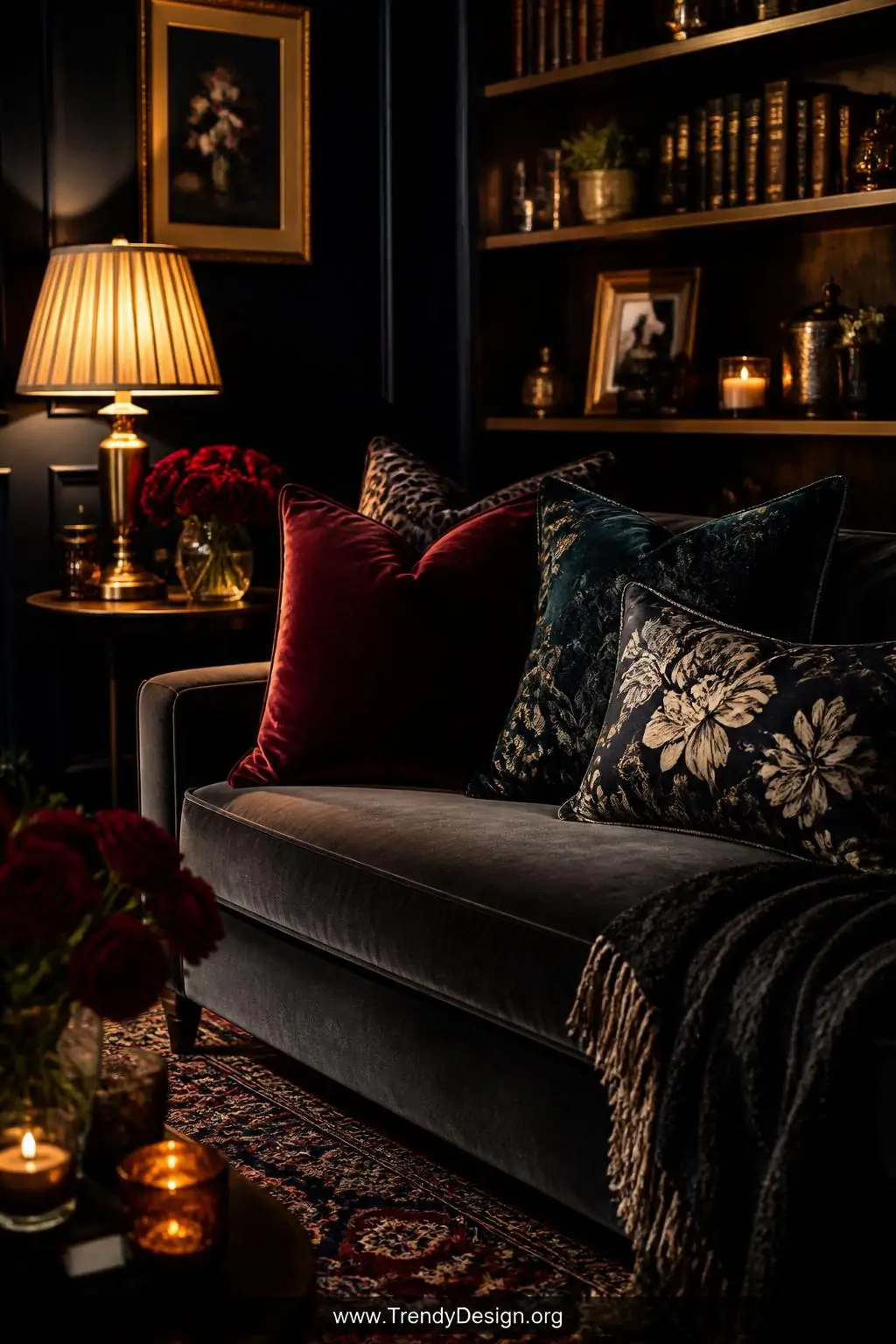 A closeup photorealistic interior detail of a moody maximalist evening lounge corner where a dark grey sofa sits richly layer