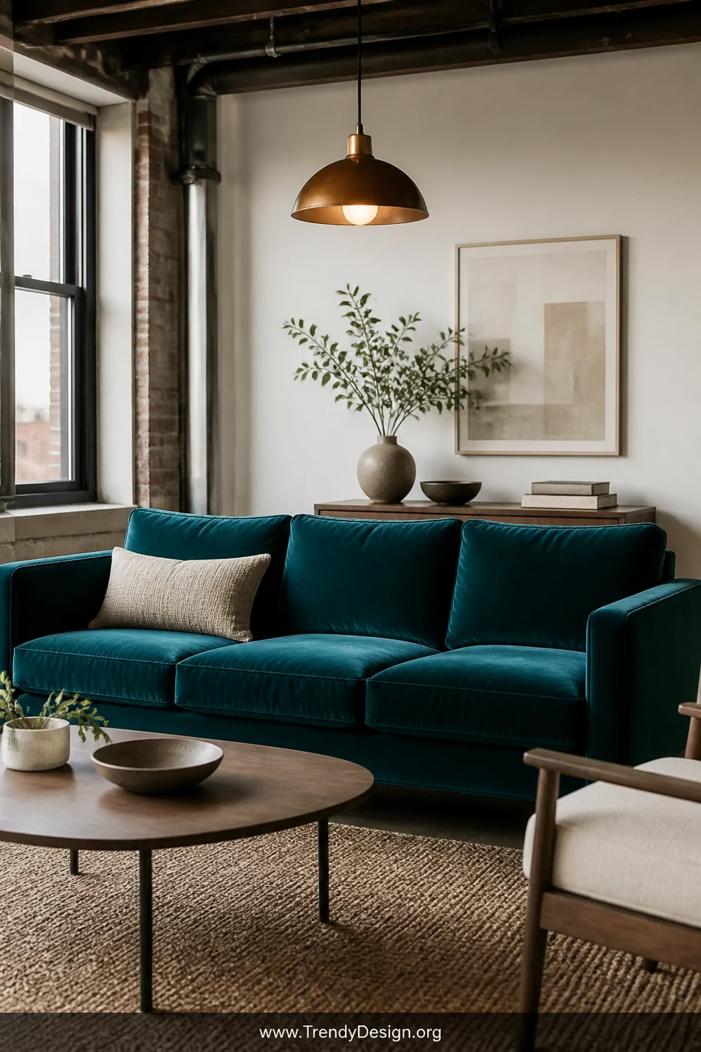 Medium photorealistic interior shot centered on a deep teal velvet sofa as a bold statement furniture piece in a minimalist l