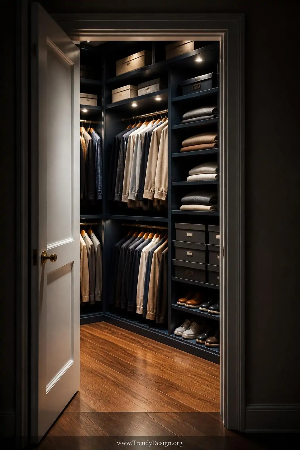 Wide-angle photorealistic shot of a well-organized walk-in closet with the door open, bright battery-operated LED puck lights