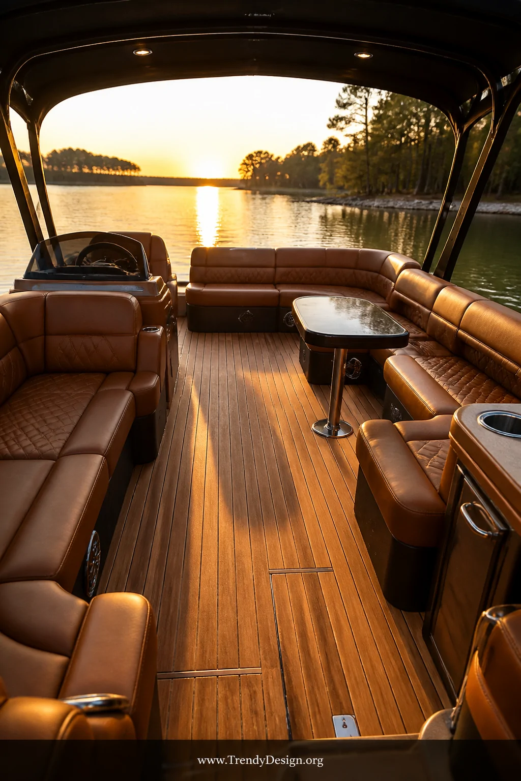 Wide shot of a warm pontoon boat interior featuring rich cognac and caramel marine vinyl seating surrounding polished teak wo