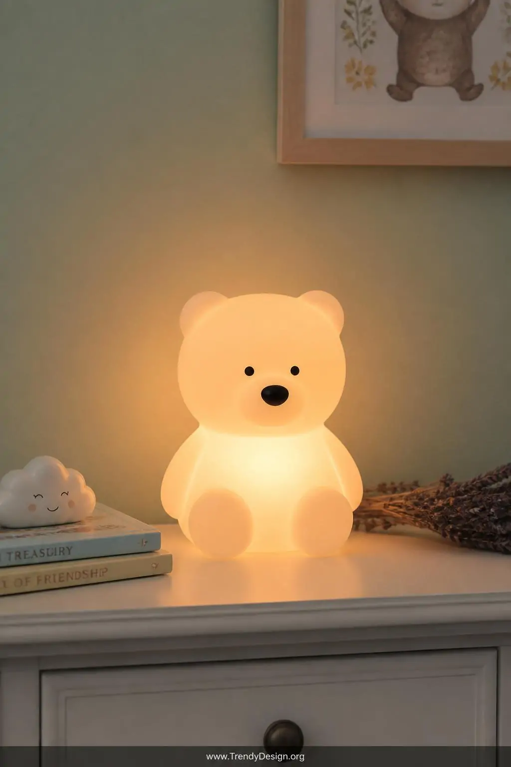 Closeup photorealistic interior shot of a soft translucent silicone bear-shaped nightlight glowing a gentle warm peach tone o