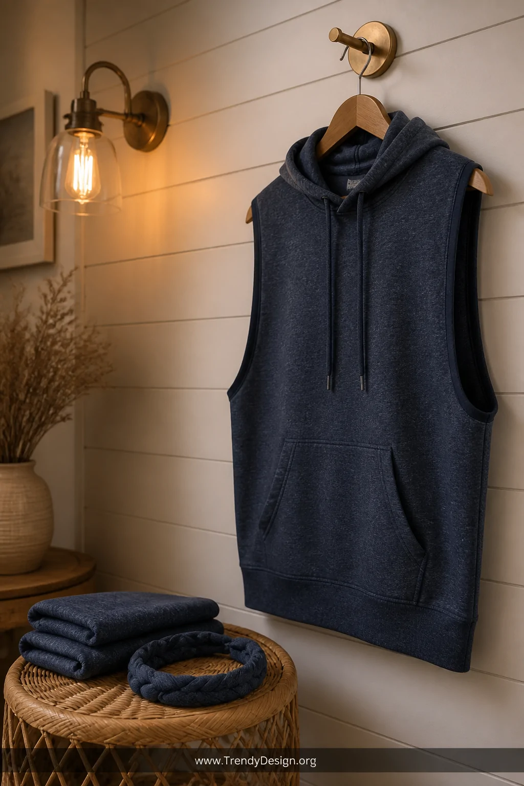 A wide room shot of a sleeveless heather navy hoodie hanging on a brushed brass wall hook against a warm white shiplap wall, 