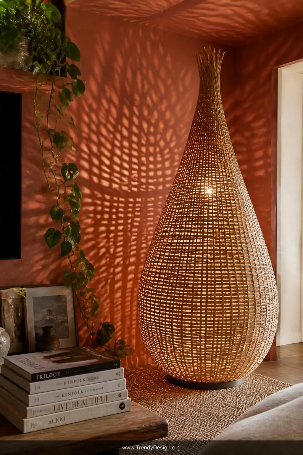 A large oversized woven rattan floor lamp with a natural seagrass shade glows warmly in a living room corner beside a trailin