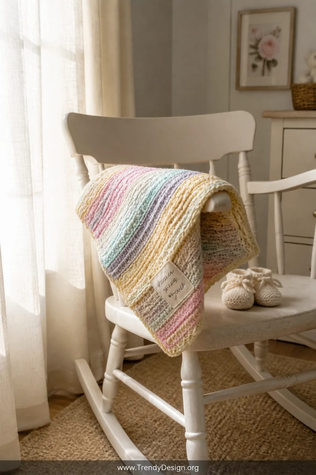 A soft-focus medium shot of a white-painted nursery wooden rocking chair with a delicate handmade baby blanket folded neatly 
