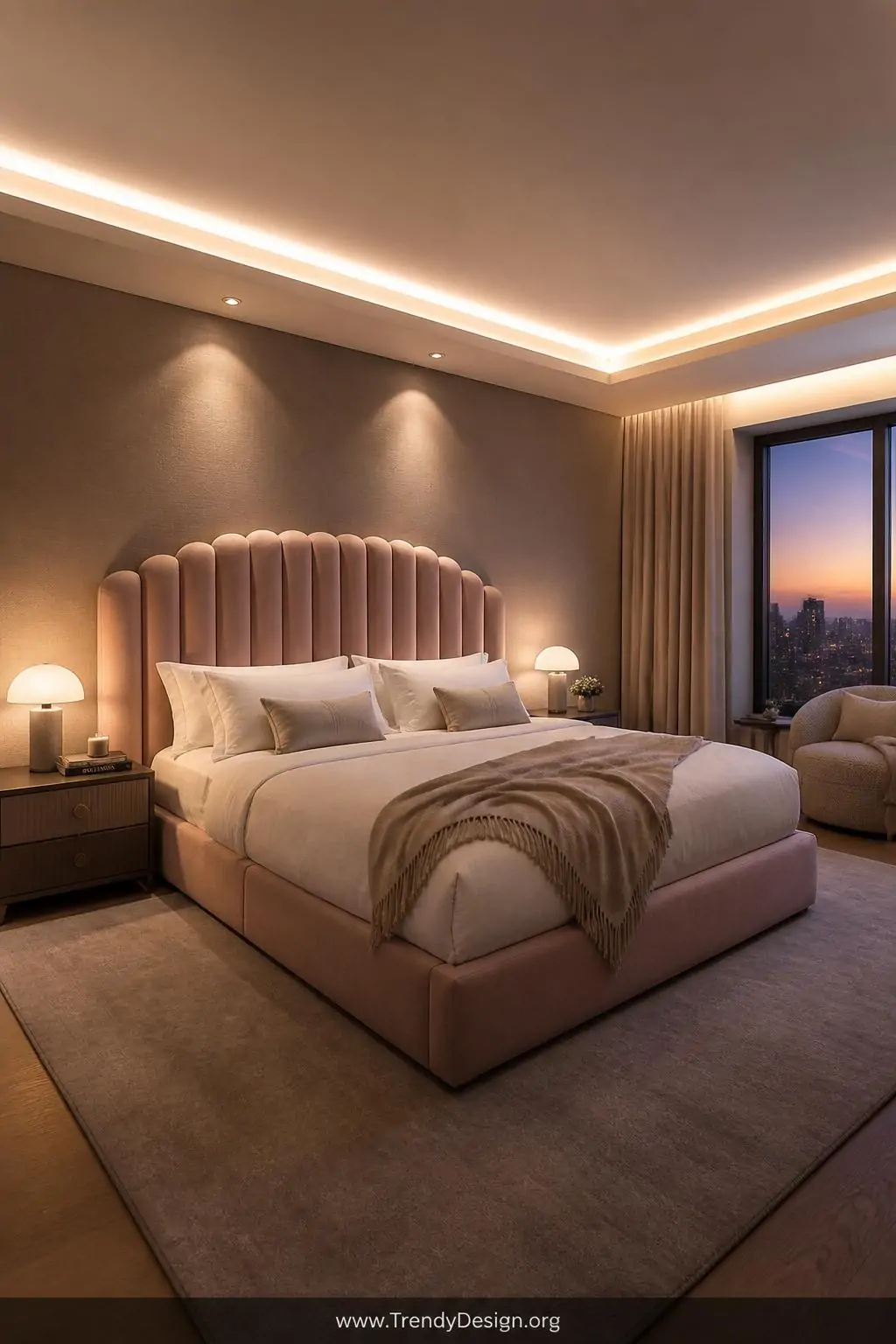 A wide photorealistic interior shot of a serene master bedroom at dusk with layered recessed lighting   a soft perimeter circ