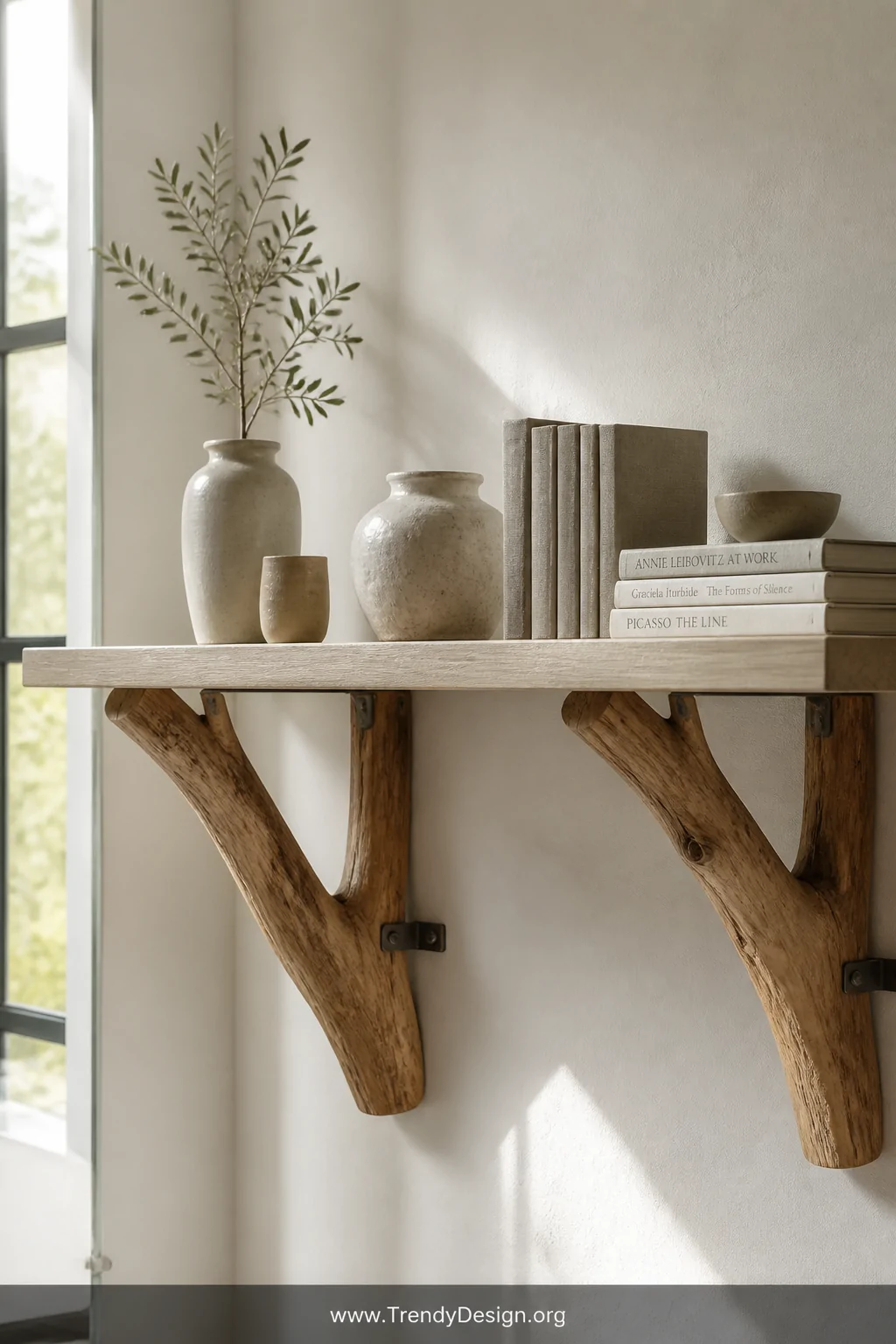 A minimalist floating wall shelf supported by two thick Y-shaped natural oak branch brackets mounted with heavy hardware to a