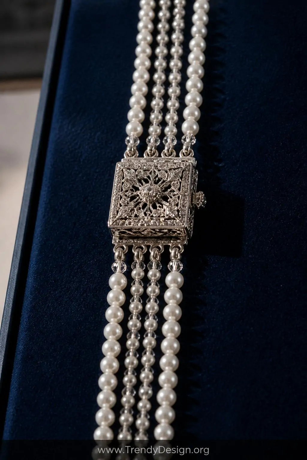 A rich navy velvet jewelry display board showcases a multi-strand pearl and crystal bracelet fastened with an ornate filigree
