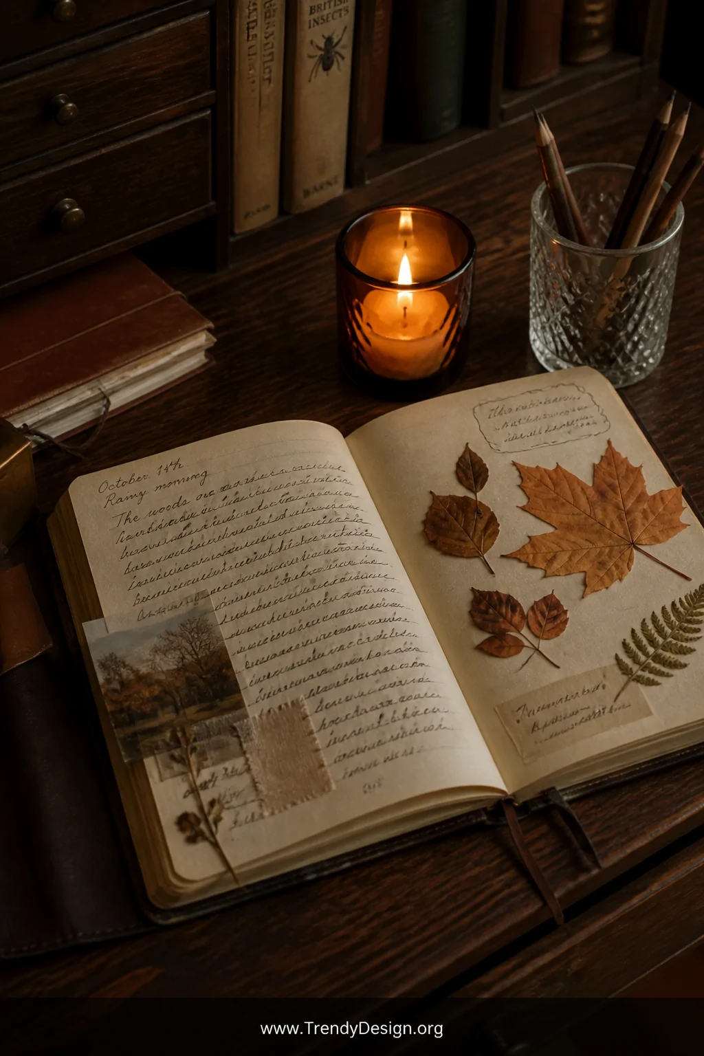 A medium shot of a cozy journal-style scrapbook open on a dark walnut writing desk, pages showing handwritten weathered ink j