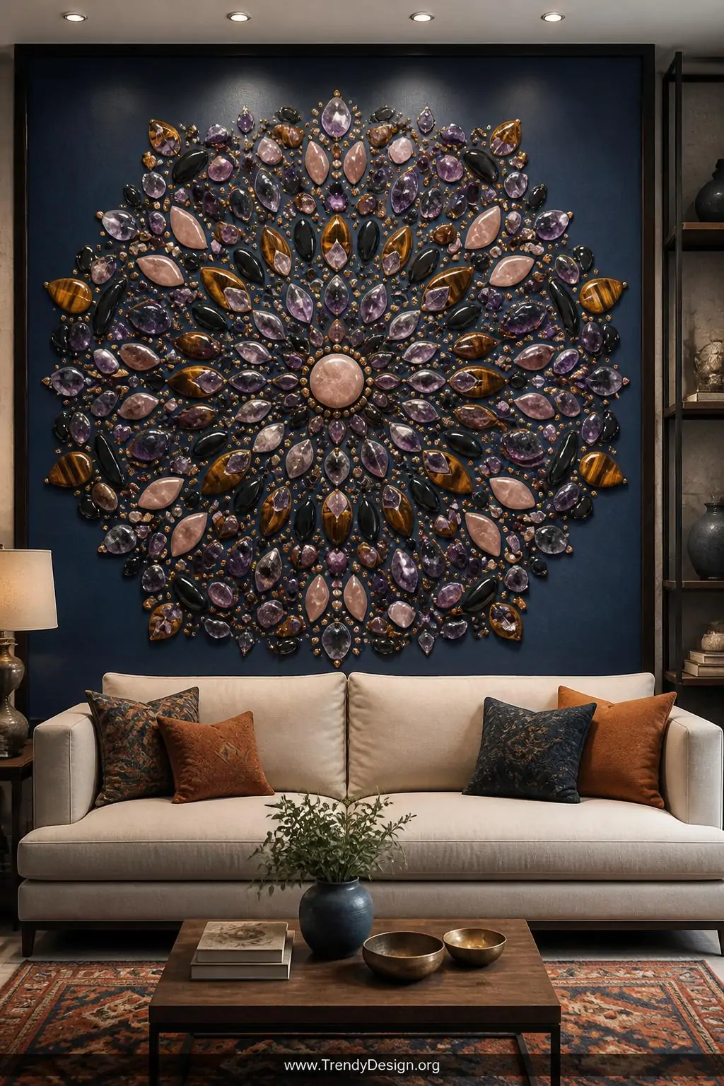 A wide-shot living room feature wall showcasing a large wooden panel painted in deep sapphire blue, covered in an intricate m