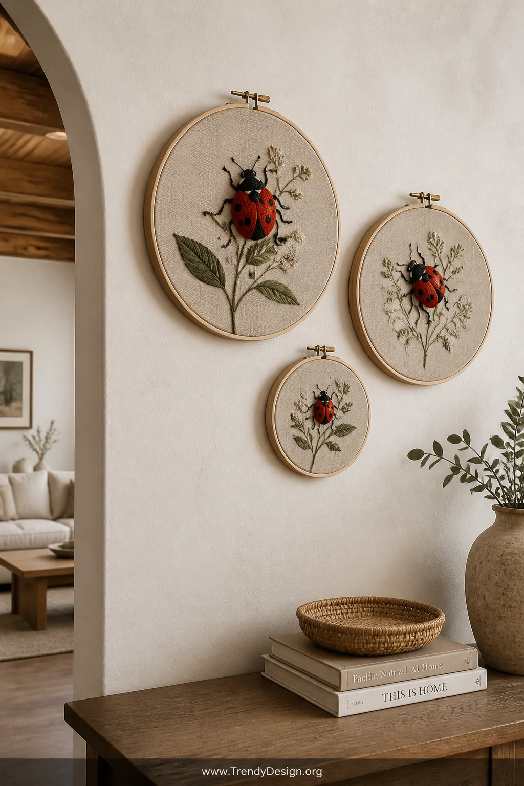 A curated gallery wall detail showing three embroidery hoops in varying sizes hung against a warm white plaster wall, each fe