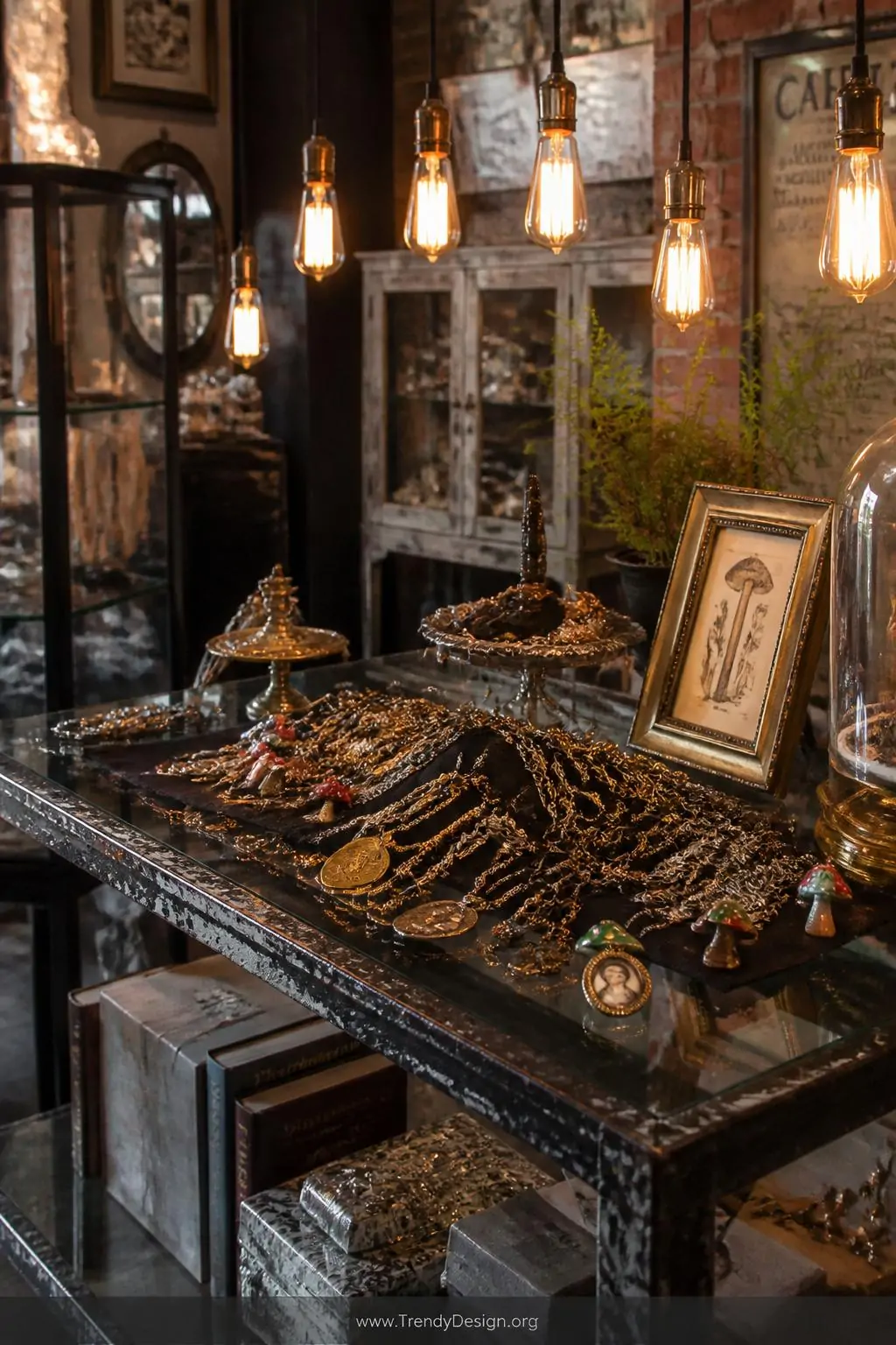 A wide shot captures an eclectic antique market styling vignette on a distressed iron and glass display table, where lengths 