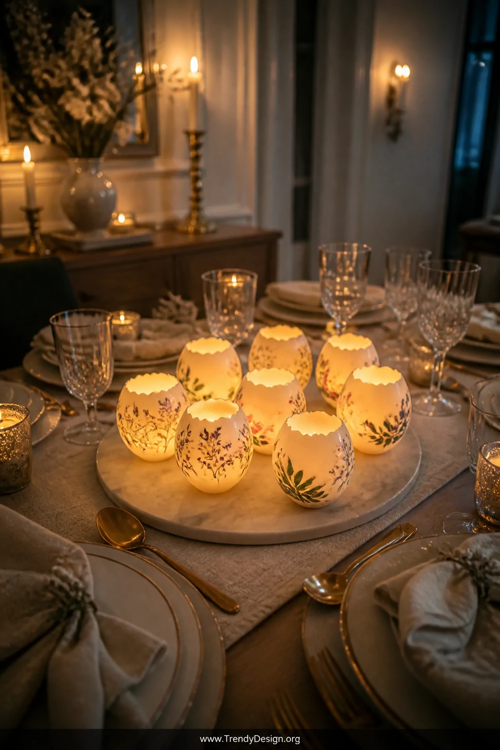 Wide dinner table shot styled for an intimate evening gathering, a cluster of whole painted eggshell candle holders arranged 