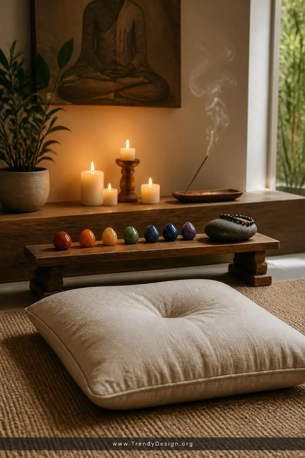 Wide shot of a serene meditation corner with a pale linen floor cushion, a low wooden altar table holding seven small gemston