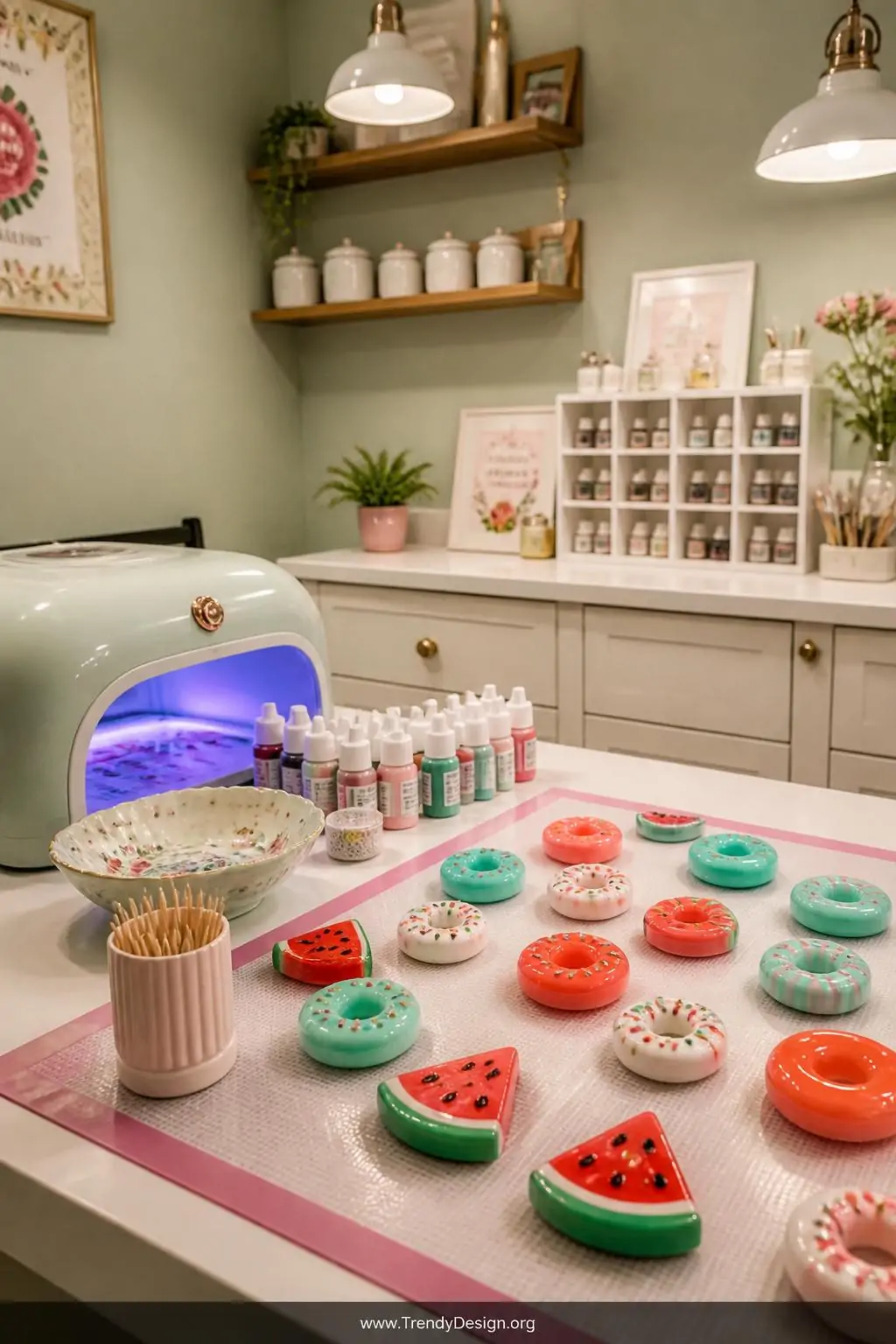 A medium shot of a bright pastel craft station where vivid opaque resin charms shaped like miniature donuts and watermelon sl