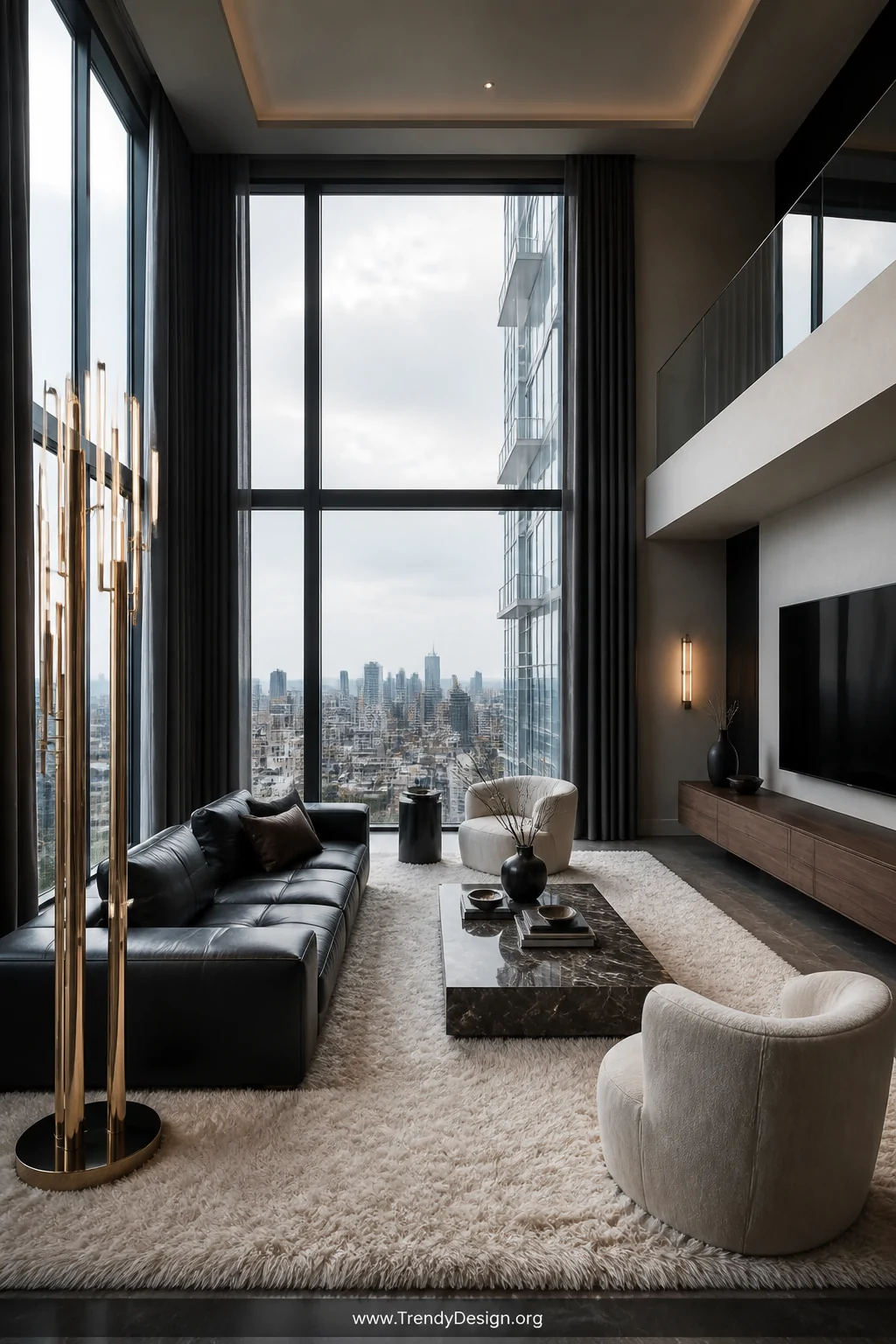 Wide-angle photorealistic interior shot of a contemporary luxury penthouse living room featuring a black leather couch on a p