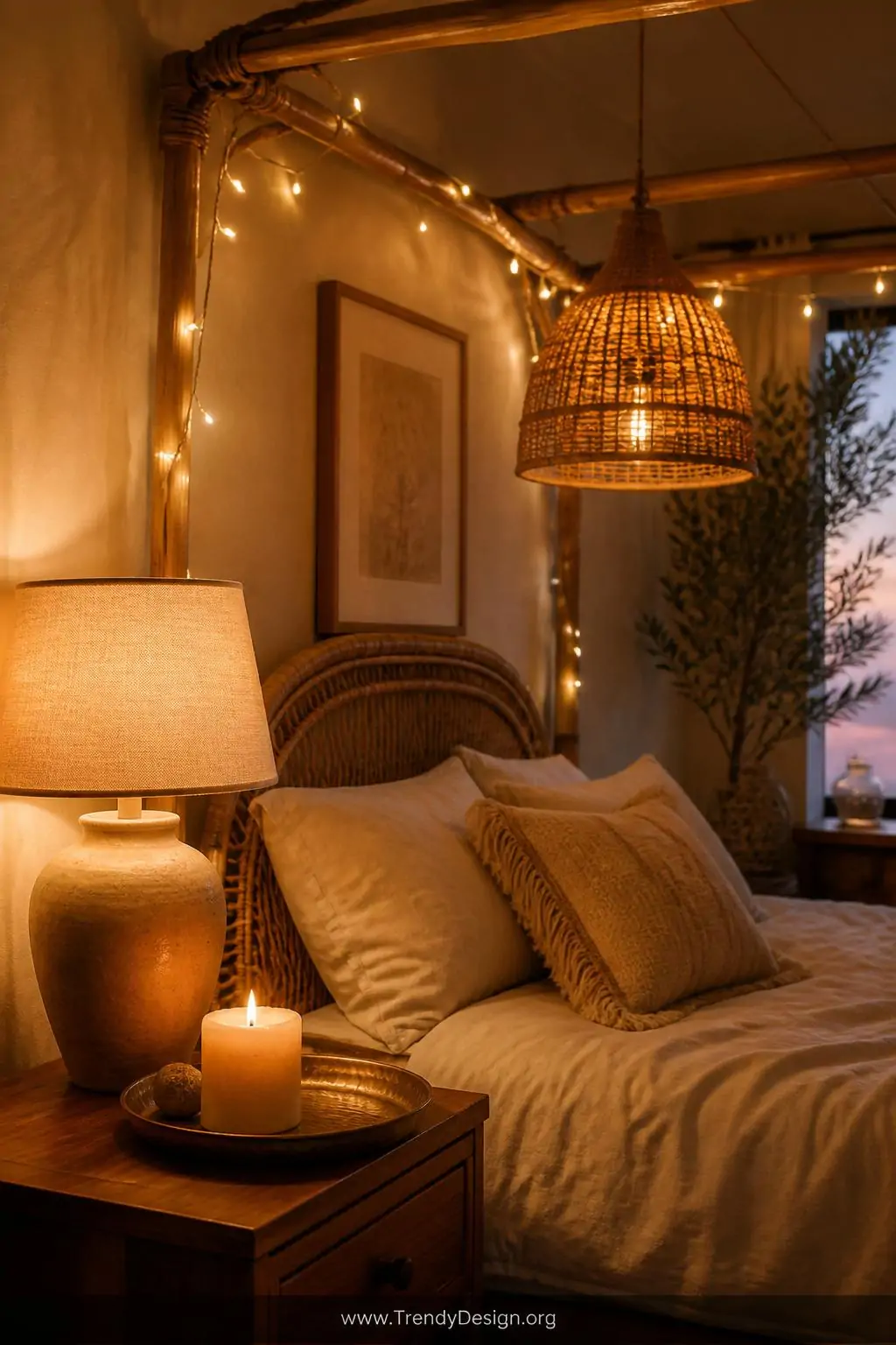 Closeup photorealistic shot of a boho bedroom corner at dusk, with warm golden fairy lights draped loosely across a rattan ca