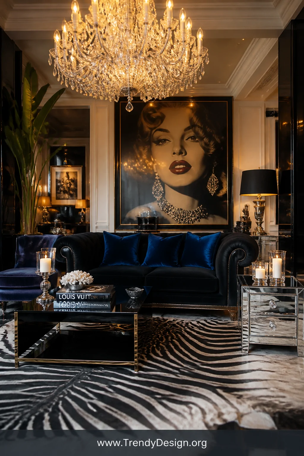 Wide shot of a glamorous Hollywood Regency living room centered on a black sofa adorned with deep sapphire blue velvet cushio