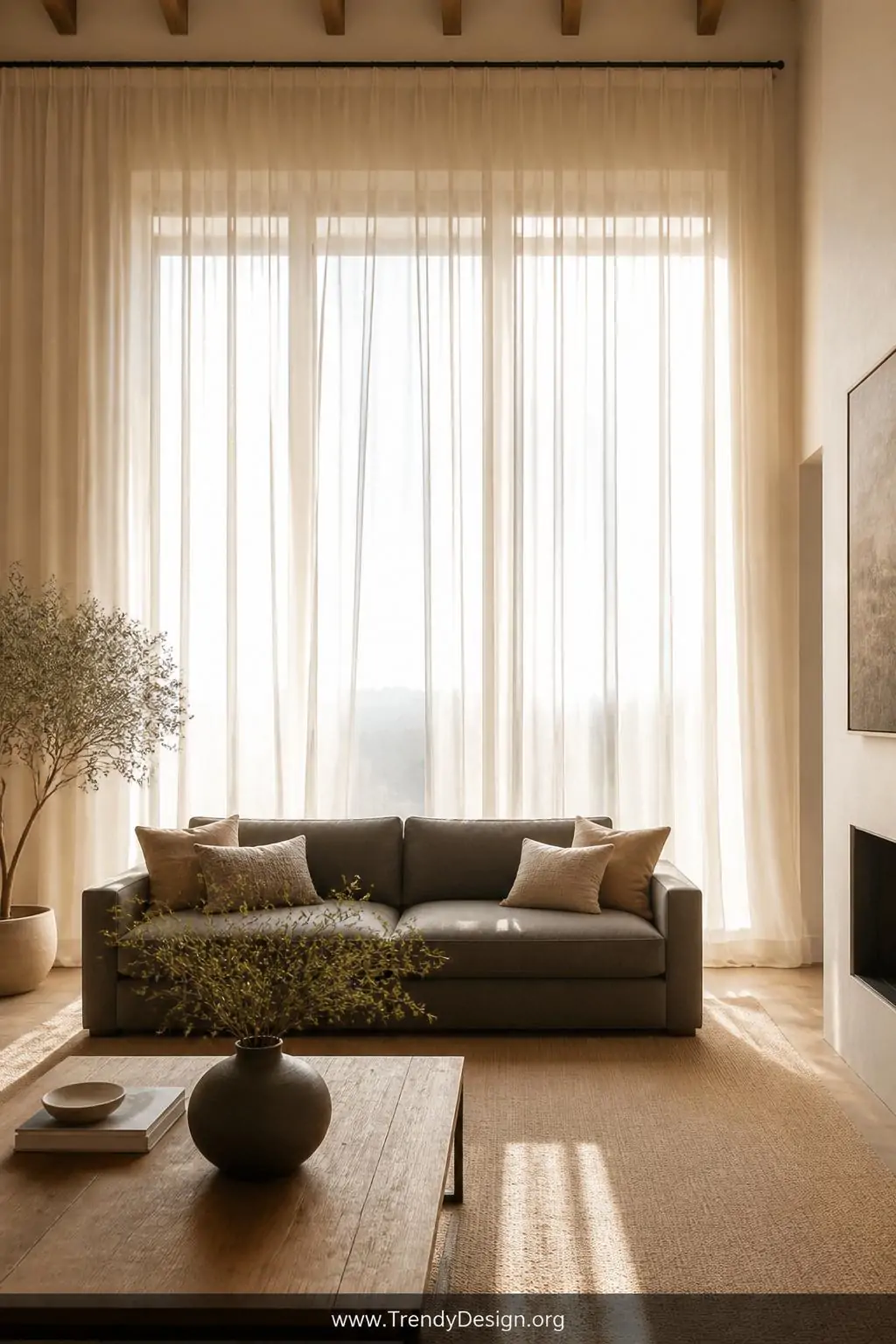Wide photorealistic interior shot of a bright neutral living room with floor-to-ceiling sheer white linen curtains mounted se