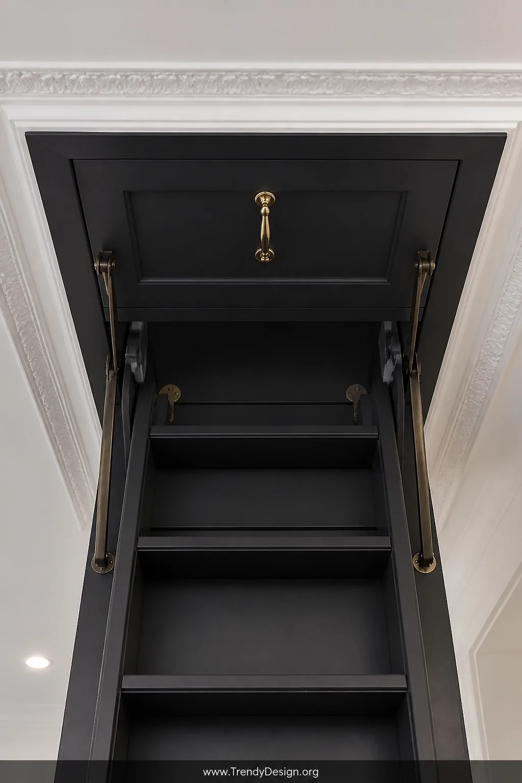 Close-up detail photorealistic shot of a pull-down attic ladder hatch painted in deep matte black against a crisp white ceili