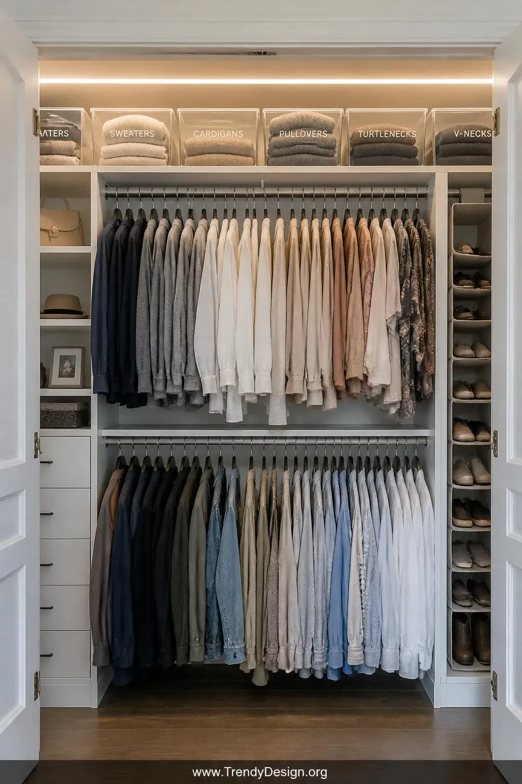 Wide-angle photorealistic interior design shot of an open reach-in closet transformed with a white custom organization system