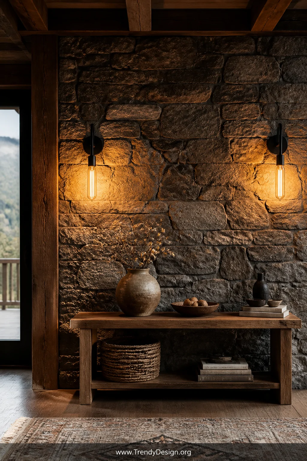 Medium photorealistic interior shot of an exposed stone feature wall serving as the room's dramatic focal point, warm Edison 