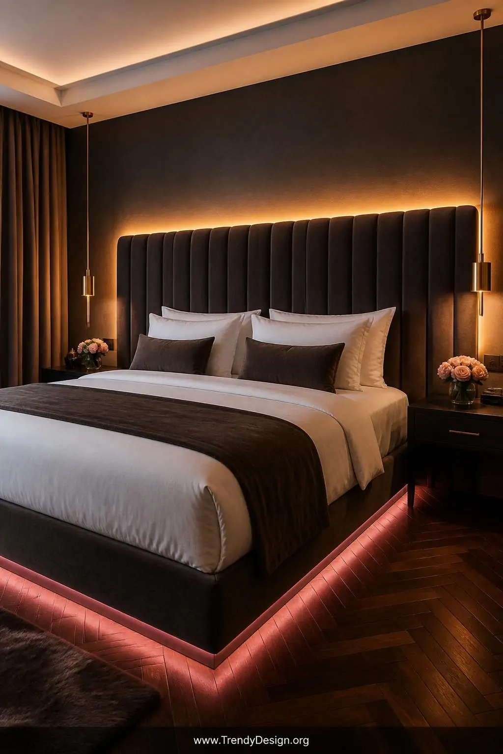 A wide-shot photorealistic interior design photograph of a modern luxury romantic bedroom featuring a large upholstered charc