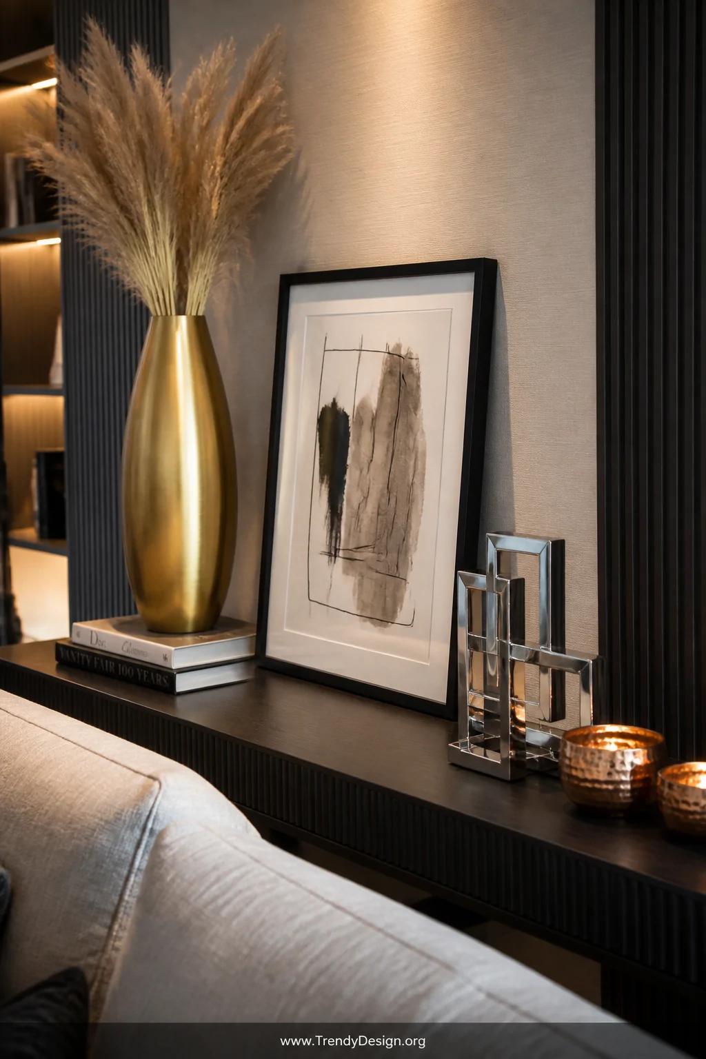 Detail photorealistic shot of a sleek matte black console table positioned behind a sofa, styled with a tall slender gold vas