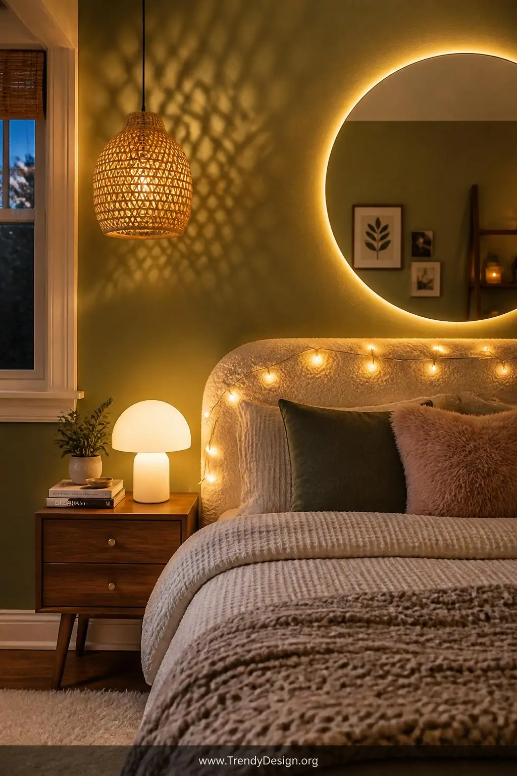 A photorealistic medium shot of a moody yet warm teenage bedroom corner at dusk featuring a rattan pendant ceiling light cast