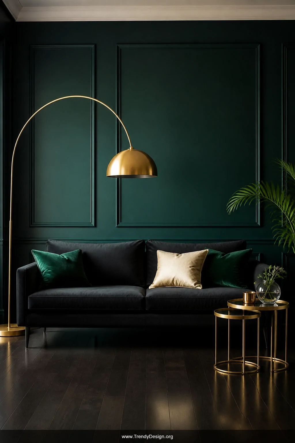 Wide shot of a bold living room with a black sofa facing a deep emerald green painted accent wall, rich jewel-toned green ref