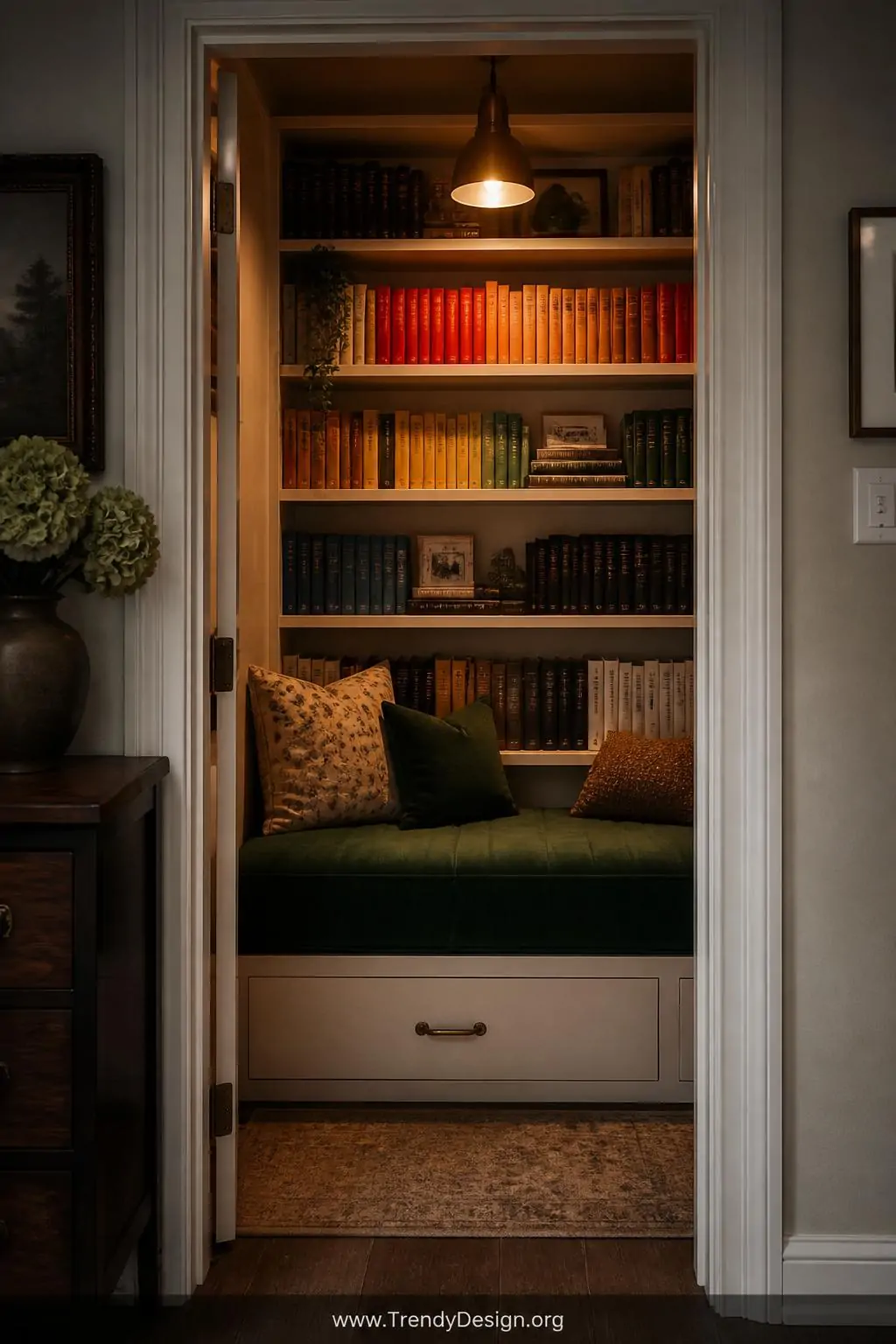 A converted bedroom closet transformed into a fully enclosed reading hideaway, built-in cushioned bench upholstered in deep f