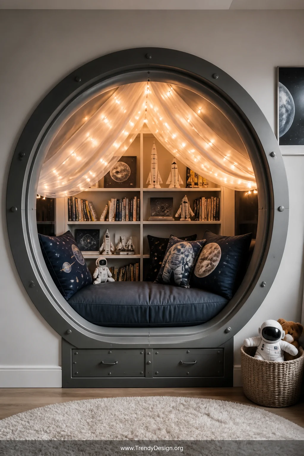 Medium photorealistic interior shot of a cozy corner reading nook built into a boys bedroom, a circular arched frame mimickin