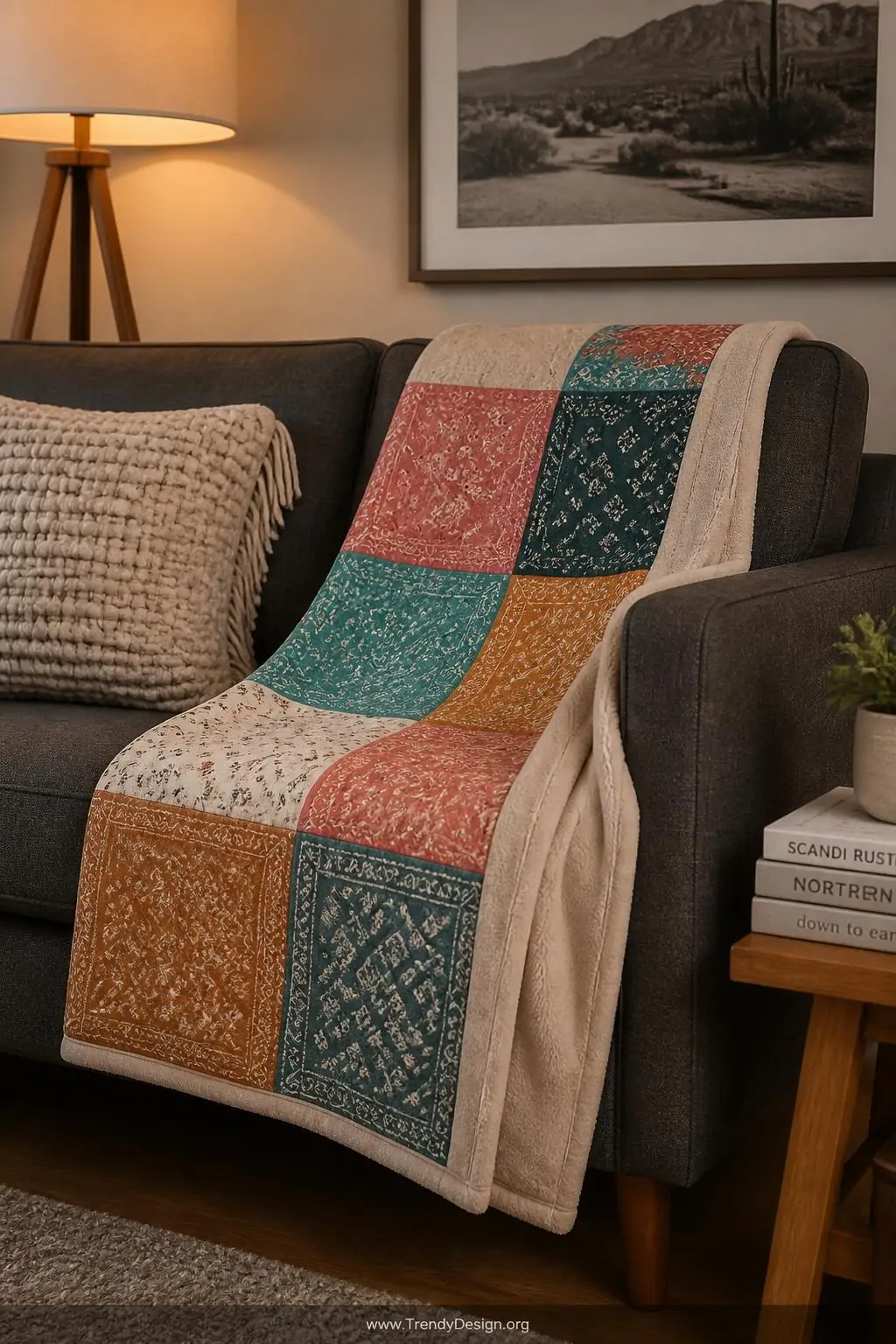 Medium shot of a charcoal gray upholstered sofa with a patchwork throw blanket draped casually over one armrest, the blanket 