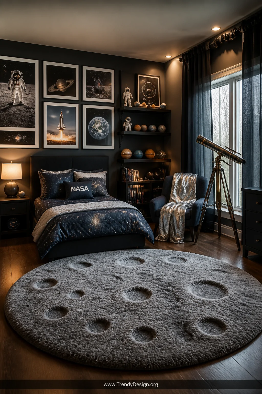 Wide-angle photorealistic interior shot of a fully styled space-themed children's bedroom featuring framed NASA photography p