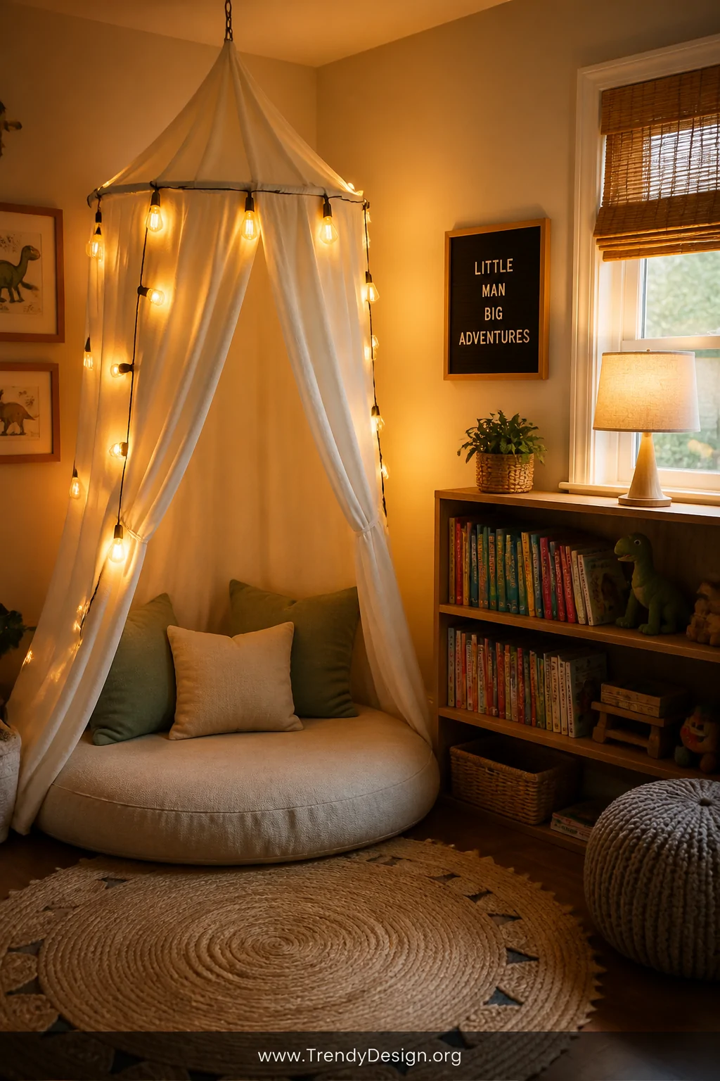 Wide photorealistic interior shot of a cozy reading nook corner in a modern toddler boy room featuring a white cotton canopy 