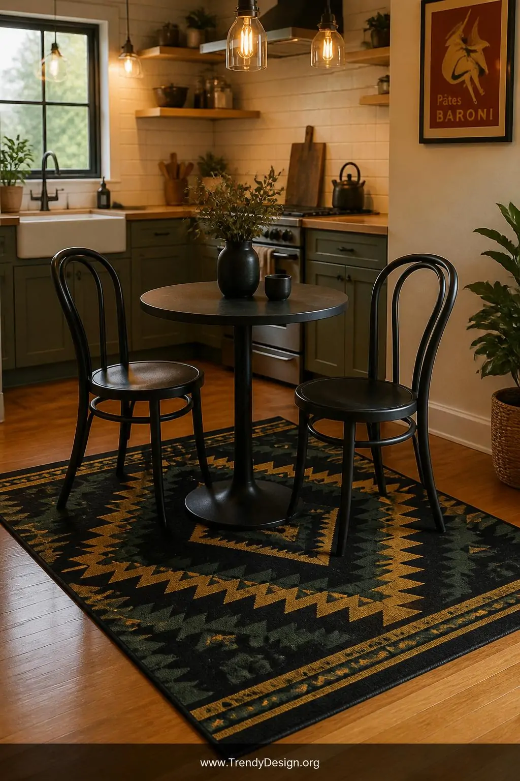 A medium photorealistic kitchen and breakfast nook scene featuring a flat-weave black rug with deep mustard yellow and forest