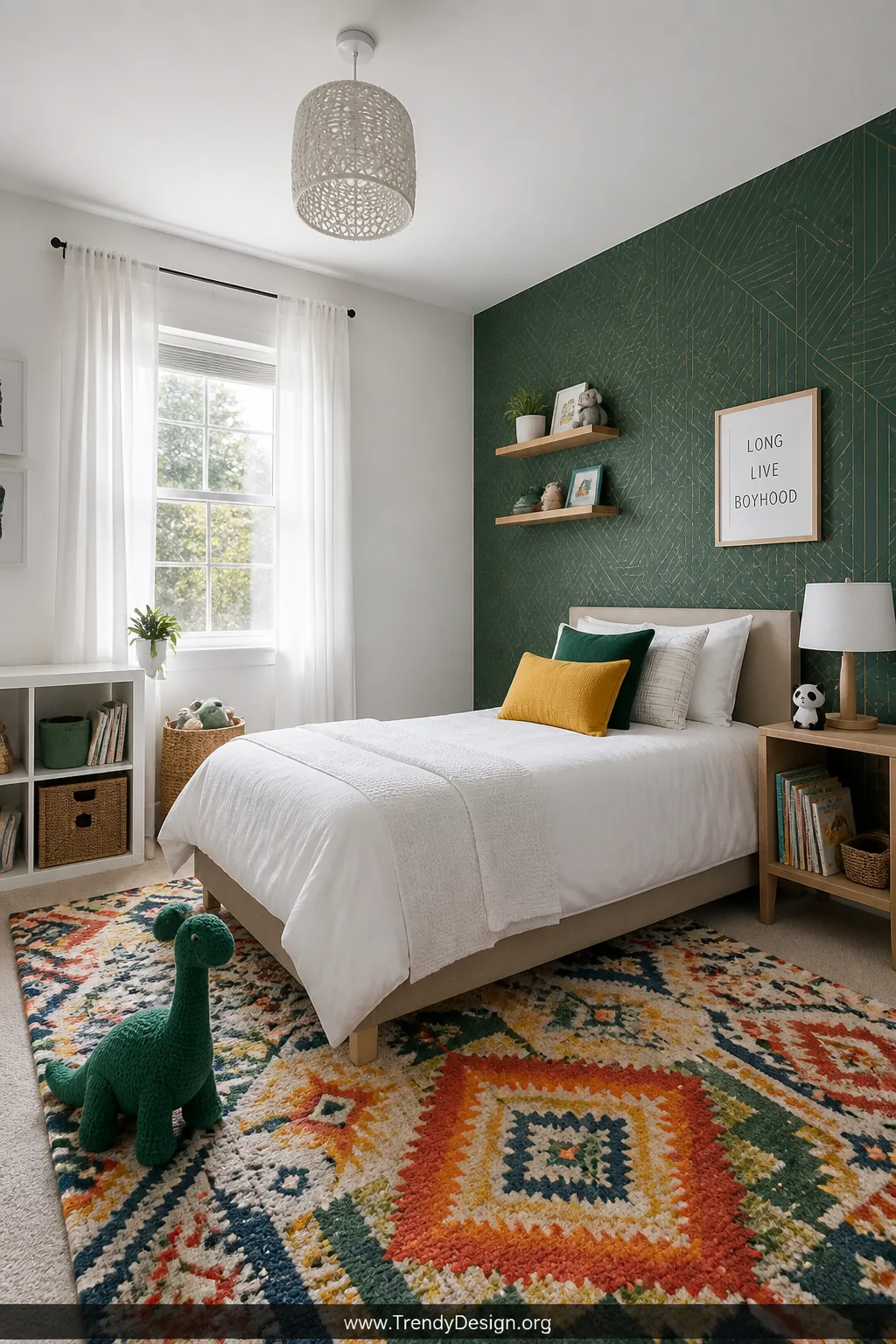 Wide-angle photorealistic interior shot of a small toddler boy's bedroom with three soft white walls and one bold forest gree