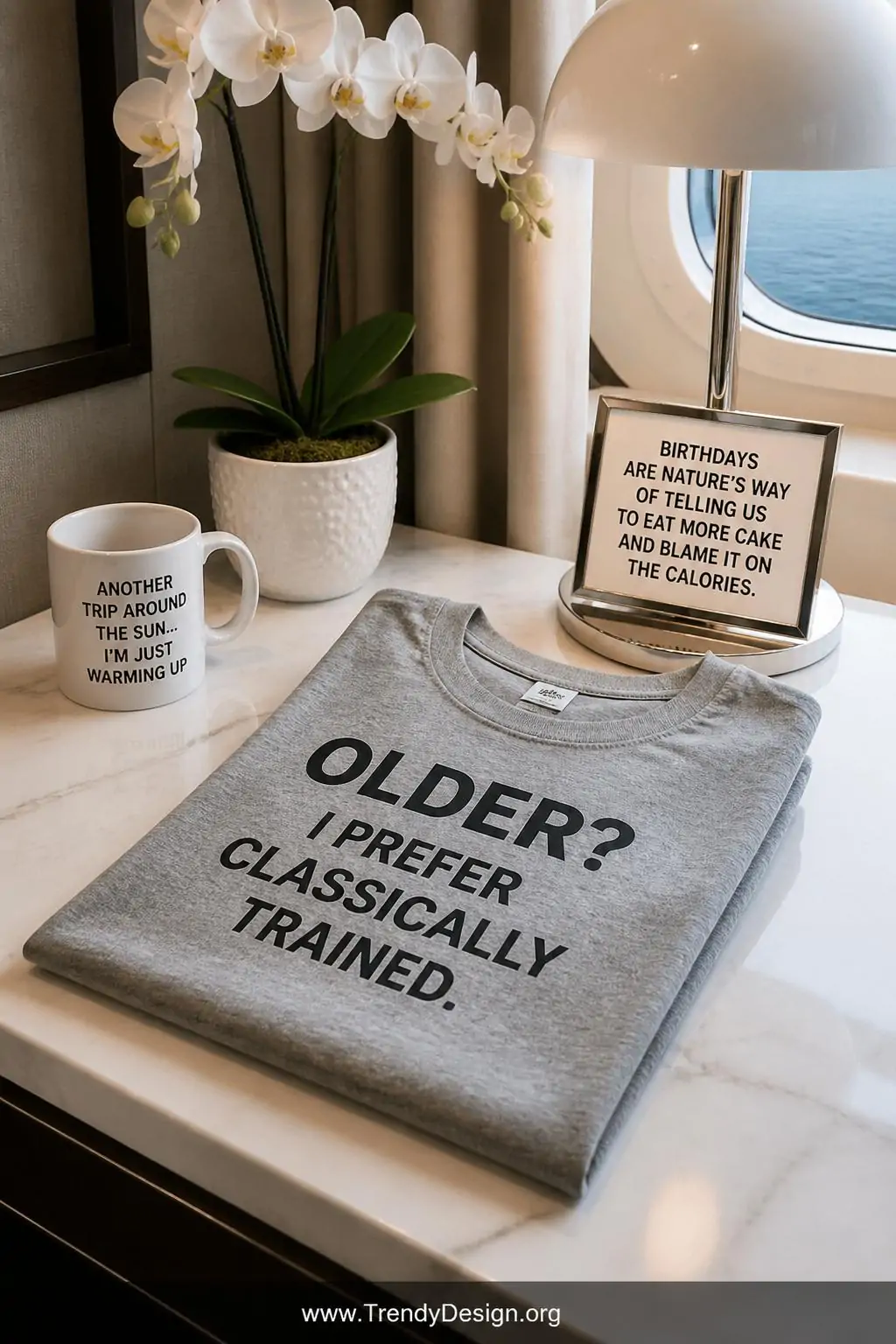 A closeup photorealistic interior design scene of a cruise ship cabin styled desk surface displaying a minimalist humor-forwa