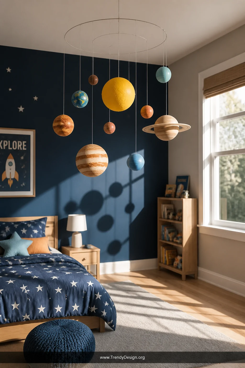 Wide photorealistic interior shot of a sunlit kids bedroom with a handcrafted DIY hanging solar system mobile suspended from 