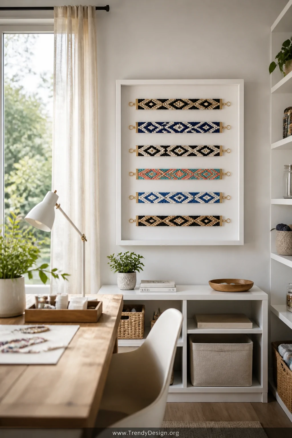 A wide shot of a bright modern craft room with white walls, floating white shelving, and crisp natural daylight streaming thr