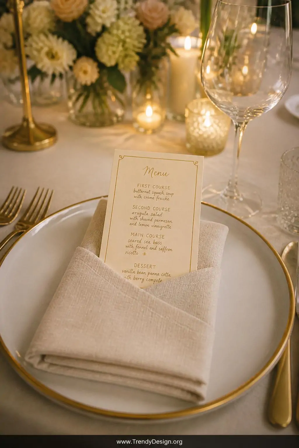 A close-up photorealistic table setting detail of a neatly folded natural linen napkin in soft warm ivory, a small handwritte