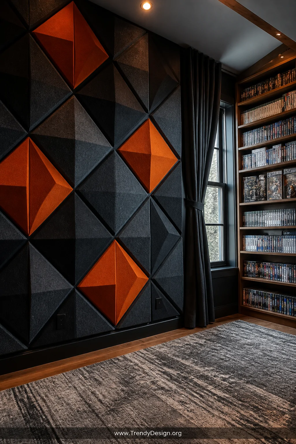 Detail photorealistic interior shot of a gaming loft wall featuring large geometric acoustic foam panels in deep charcoal and